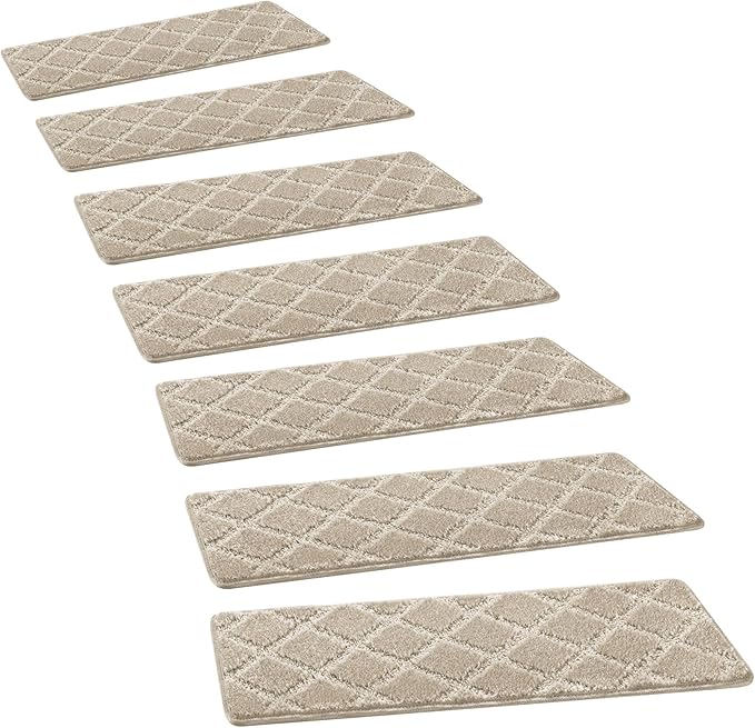 PURE ERA Carpet Stair Treads Tape Free Non Slip Indoor Stair Carpet Stair Protectors Pet-Friendly Non-Slip Skid Resistant Washable Reusable 8" x 30"(14 Pieces,Cream Gray Diamond Trellis)