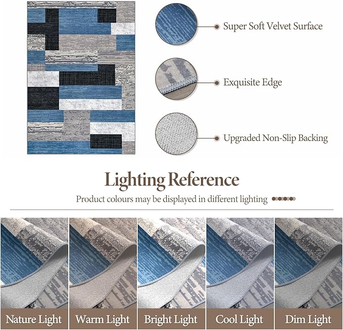 FlyDOIT Modern Geometric Patchwork Area Rug, 8x10 Blue Large Rugs for Living Room, Rockwood Collection Indoor Rugs for Bedroom, Throw Carpet Floor Decor for Entryway Dining Room Office Nursery