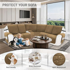 Reclining Sectional Couch Covers 100% Waterproof Velvet L Shape Recliner Couch Covers for Sofa Pets Washable Anti Slip Recliner Slipcovers with Pockets (5 Seat Sofa with 1 Console, Light Tan)