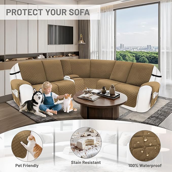 Reclining Sectional Couch Covers 100% Waterproof Velvet L Shape Recliner Couch Covers for Sofa Pets Washable Anti Slip Recliner Slipcovers with Pockets (5 Seat Sofa with 1 Console, Light Tan)