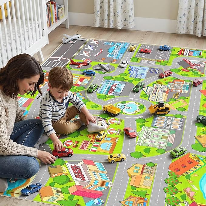 Boys Car Rugs for Kids Toy Cars,City Road Rug for Playroom Airport Track Play Mat Carpet 3' x 5' Educational Learning Fun Play Mats for Floor Boys Playmat for Kids Room,Classroom, Bedroom