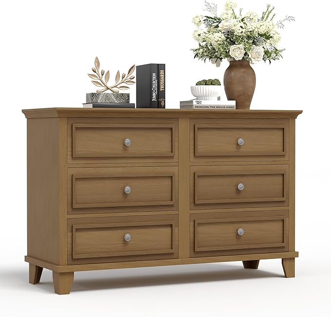 GarveeHome Farmhouse Brown Dresser for Bedroom with 6 Drawer, Double Dresser TV Stand with Vintage Handle, Wide Wood Dressers & Chests of Drawers, 6 Drawer Dressers for Bedroom, Living Room, Hallway