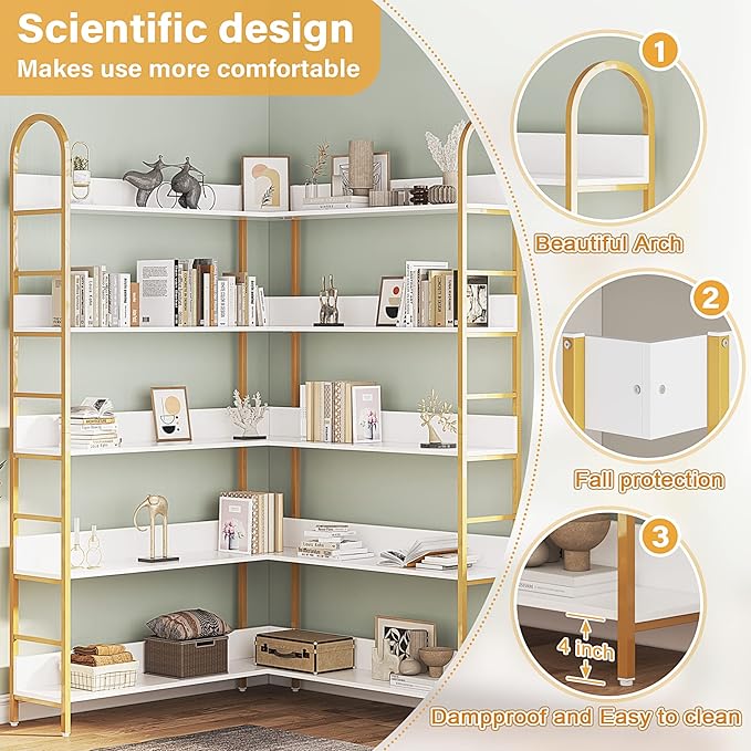 Semoic 5-Tier Gold Bookcase, L-Shape Corner Bookshelf White & Gold, Modern Display Shelf Book Shelves with Adjustable Foot, Freestanding Storage Shelves for Home Office Use