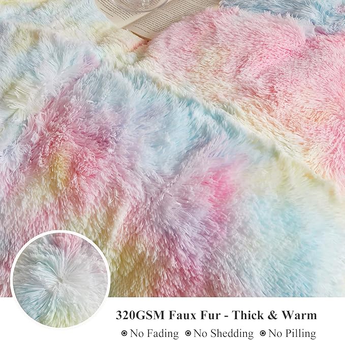 XeGe Plush Shaggy Rainbow Duvet Cover Set, 3 Pieces Soft Fluffy Furry Tie Dye Bedding Set(1 Multicolor Faux Fur Fuzzy Comforter Cover + 2 Pillowcases), Zipper Closure(Queen Size, Rainbow)