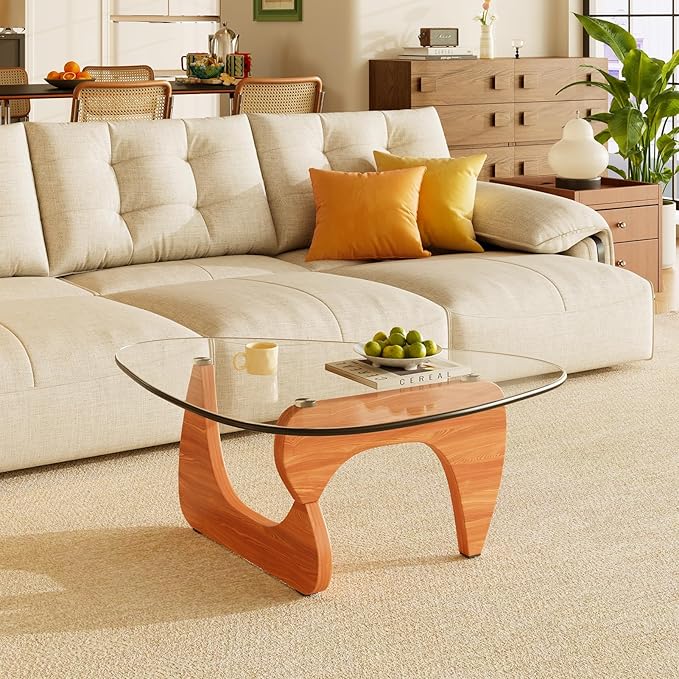 Coffee Tables Glass Small Farmhouse Coffee Table Mid-Century Modern Wood Center Table for Living Room, Walnut Transparent, 45 Inch
