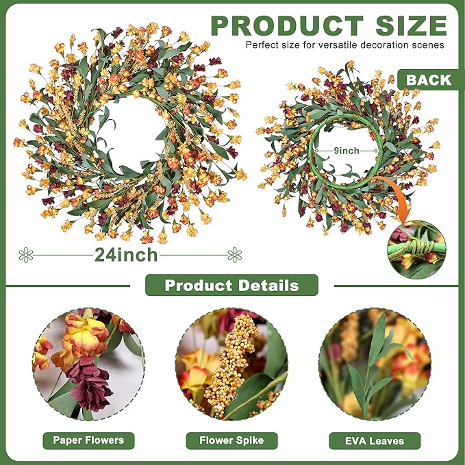 Wreaths for Front Door, 24 Inch Spring/Summer Front Door Wreath, Colorful Paper Flower Wreath for All Seasons for Indoor Home Wall Window Office Wedding Farmhouse Decor (Orange)