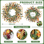 Wreaths for Front Door, 24 Inch Spring/Summer Front Door Wreath, Colorful Paper Flower Wreath for All Seasons for Indoor Home Wall Window Office Wedding Farmhouse Decor (Orange)