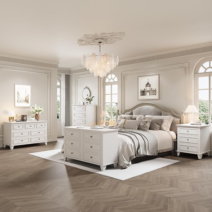 GarveeHome Farmhouse White Dresser for Bedroom with 6 Drawer, Double Dresser TV Stand with Vintage Handle, Wide Wood Dressers & Chests of Drawers, 6 Drawer Dressers for Bedroom, Living Room, Hallway