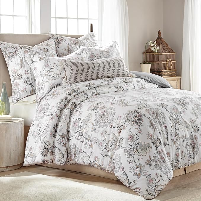 Levtex Home Ophelia Blush Reversible King Duvet Cover Set (106x94in) with 2 Pillowcases (36x20in) - Floral Bedding - Blush, Grey - Rayon King Size Duvet Cover Set - Soft, Pre-Washed
