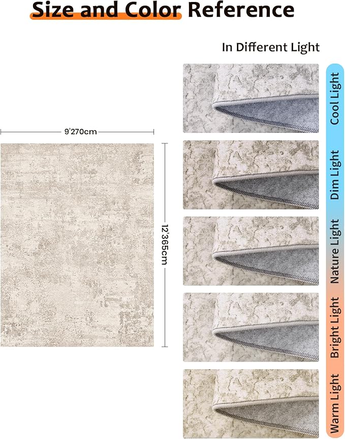 Art&Tuft Washable Rugs 9x12, Abstract Area Rugs 9x12 Living Room - Non Slip and Low Pile Soft Thin Rug for Bedroom, Dining Room, Kitchen, Office, Beige