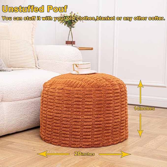 Handmade Unstuffed Ottoman Pouf Cover – Versatile Storage Footstool & Floor Pouf for Living Room, Bedroom, or Wedding Decor | 20" Diameter x 14" Height | Filler Not Included (Burnt Orange)