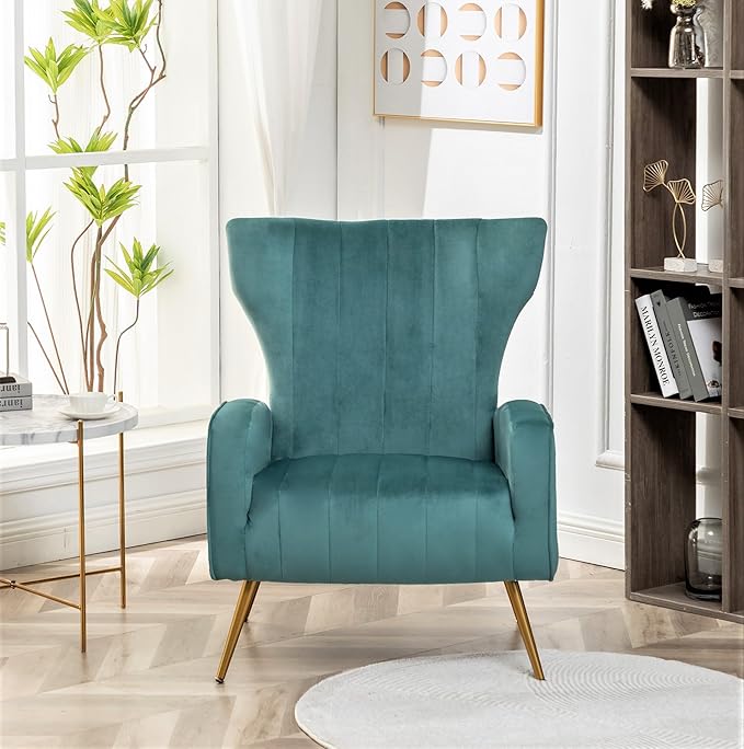 Modern Velvet Accent Chair, Channel Tufted Bedroom, Office or Living Room Furniture with Elegant Metal Legs, 26" Wide Armchair, Teal