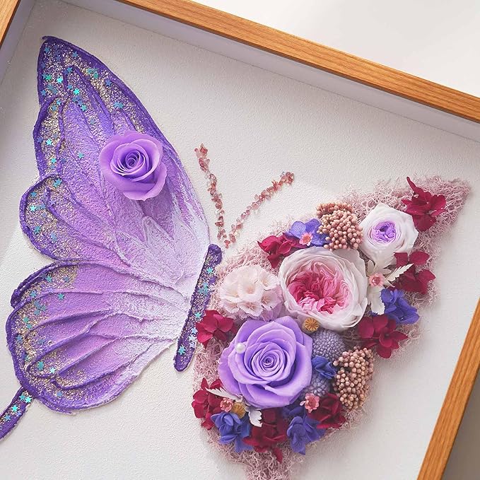 ADDWel Preserved Rose Butterfly Shadow Box - Romantic Valentine's Day Gifts for Mom Wife Girlfriend, 12x12 Handmade Forever Flower Wall Art, Unique Anniversary Birthday Purple Gifts