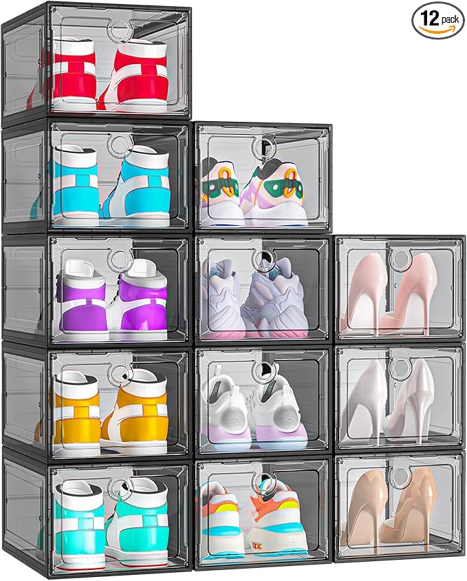 12 Pack Upgrade Harder Shoe Organizer, Shoe Storage with Magnetic Front Door, Clear Shoe Boxes Foldable Space-Saving Shoe Rack for Sneaker Boot Container, Black