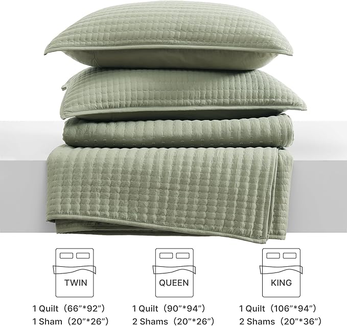 WRENSONGE King Size Quilt-3 Pieces Lightweight Bedspreads Sage Green King Quilt Bedding Set for All Seasons, Soft Summer Coverlet with 2 Pillow Shams Suitable for Bed, Couch, Quilt Blanket