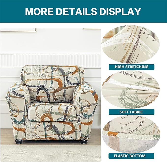 KRFOONN 2 Piece Couch Chair Cover Printed Sofa Covers Couch Covers Stretch Armchair Sofa Couch Slipcovers Furniture Protector with Elastic Bottom for Living Room (Armchair, 52)