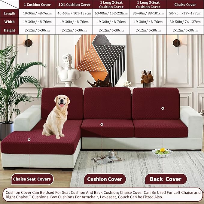 YEMYHOM Stretch Individual Cushion Covers Sofa Chair Seat Cushion Slipcovers Soft Couch Cover Replacement Large Checkered Furniture Protector with Elastic Bottom (1 Pc Cushion Cover, Wine Red)