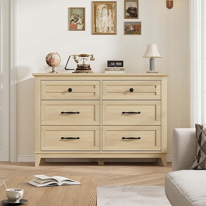 GarveeHome 6 Dresser for Bedroom, 47 in Wide Drawer Dresser with Storage Freestanding, Wooden Closet Storage Chest for Living Room, Bedroom, Entryway, Natural Oak