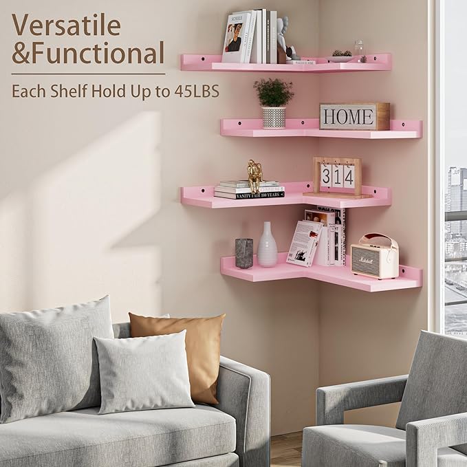 4 Tier Floating Corner Shelves Pink Set of 4, Rustic Pine Wooden Floating Corner Wall Shelf for Wall Décor Storage, L Shaped Corner Shelf Wall Mount for Bedroom, Living Room, Bathroom, Kitchen.