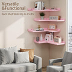 4 Tier Floating Corner Shelves Pink Set of 4, Rustic Pine Wooden Floating Corner Wall Shelf for Wall Décor Storage, L Shaped Corner Shelf Wall Mount for Bedroom, Living Room, Bathroom, Kitchen.