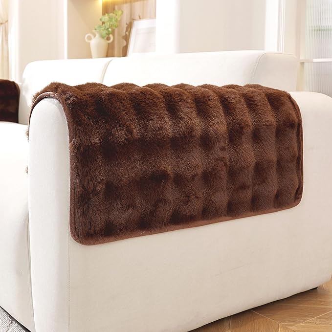 Non-Slip Couch Arm Covers,Thick Soft Recliner Arm Chair Covers Set of 2 Waterproof Armrest Covers for Sofa, Washable Faux Fur Sofa Arm Cover (Brown, 24" x 24" 2 Pack)