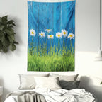 Ambesonne Flower Tapestry Twin Size, Fresh Springtime Grass and Daisy on Fence Summer Simple Vintage Style Print, Wall Hanging Bedspread Bed Cover Wall Decor, 68" X 88", Blue and Green