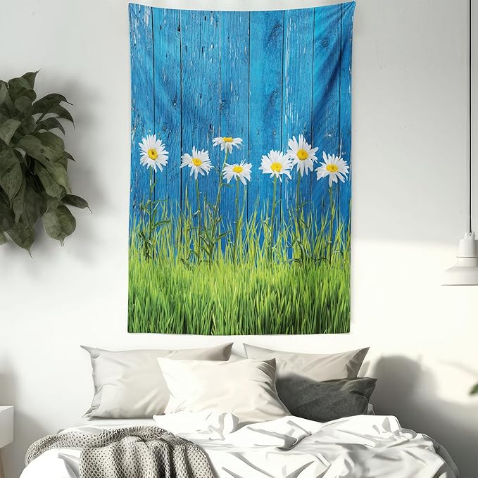 Ambesonne Flower Tapestry Twin Size, Fresh Springtime Grass and Daisy on Fence Summer Simple Vintage Style Print, Wall Hanging Bedspread Bed Cover Wall Decor, 68" X 88", Blue and Green