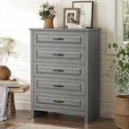 Marsail Farmhouse 5 Drawer Dresser, Wood Chest of Drawers with Natural Texture, Smooth Gliding Drawers, Versatile Storage Organizer Cabinet for Bedroom & Living Room, Grey