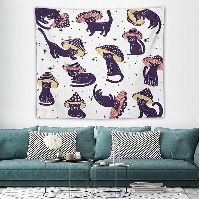 VUMIVI Funny Cat Mushroom Tapestry Retro 70s Hippie Style Cute Black Kitten Star Aesthetic Art Print Tapestry Wall Hanging for Living Room Bedroom Dorm Classroom Aesthetic Decor W60xL50in