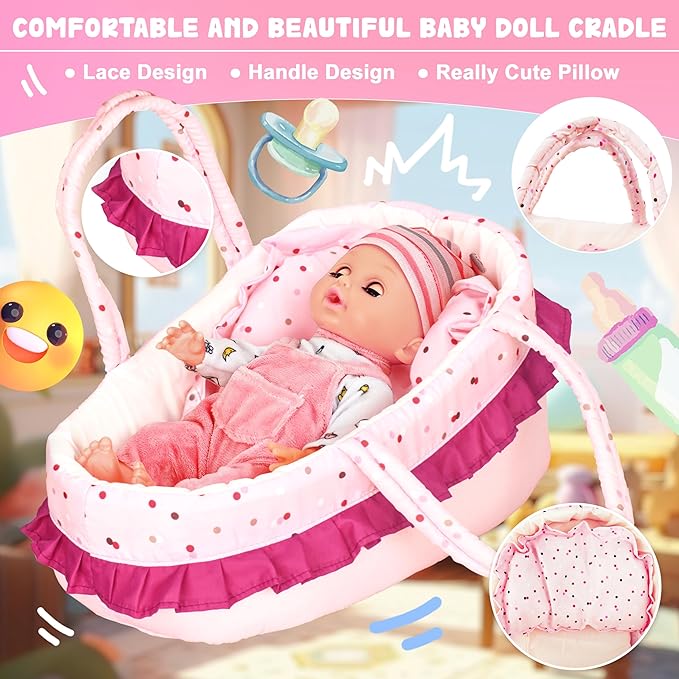SMILESSKIDDO Baby Doll Set - 14" Babydoll with Dolls Accessiores, Realistic Pretend Play Doll Includes Carrier Bassinet Bed, Feeding Set, Doll Clothes, Toddler Toys Gifts for 1 2 3 4 5 Year Old