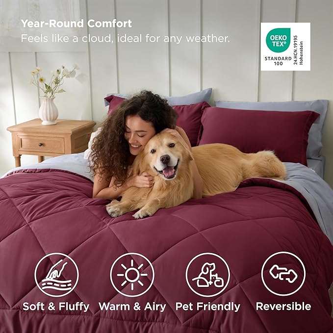 Bedsure King Size Comforter Set - 7 Pieces Reversible Burgundy Bedding, King Size Bed Set for All Seasons, Bed in a Bag with Down Alternative Comforter, Sheets, Pillowcases & Shams