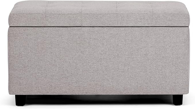 SIMPLIHOME Cosmopolitan Storage Ottoman - 34 inch Wide Upholstered Linen Look Fabric Rectangle Storage Ottoman Bench in Cloud Grey, Transitional Tufted Ottoman for Living Room with Lift-Up Lid