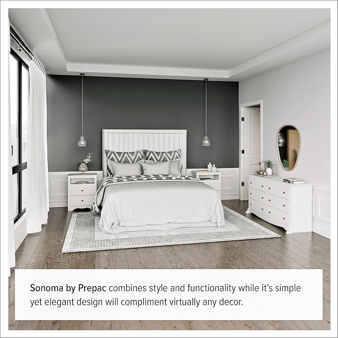Prepac Sonoma 6-Drawer Double Dresser for Bedroom, Wide Chest of Drawers, Traditional Bedroom Furniture, 59" wide x 17.5" deep x 29" tall, White