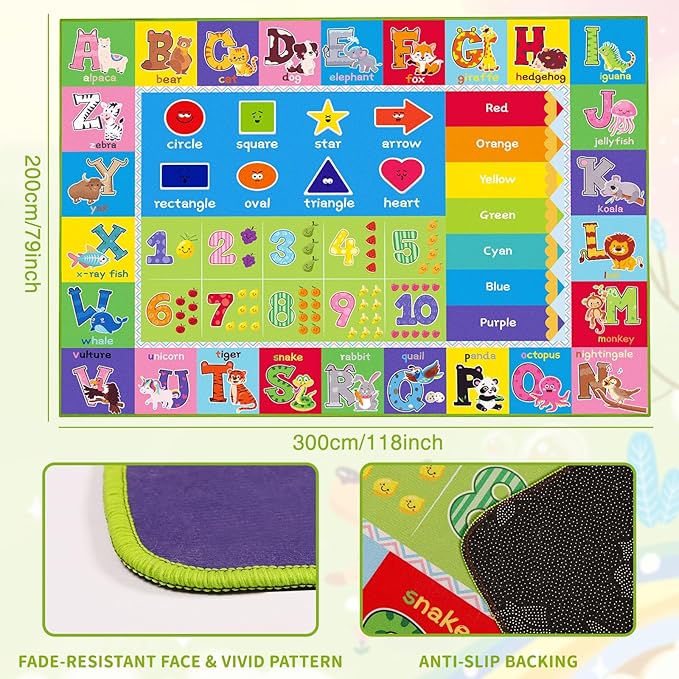 ABC Carpet, Kids Rugs for Playroom, Educational Play Mat for Kids, Preschool Rugs with ABC, Numbers, Animals Learning Carpet for Bedroom Playroom Classroom Baby Toddler Children (Green, 118X78.7 INCH)