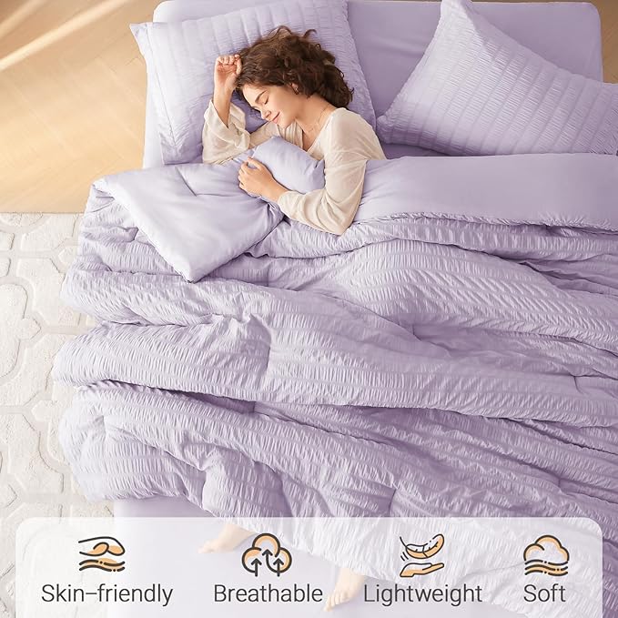 MUXHOMO 7 Pieces California King Comforter Set, Seersucker Bed in a Bag Cal King Size, All Season Luxury Bedding Set with Comforter, Flat Sheet, Fitted Sheet, Pillowcases & Shams, Lavender