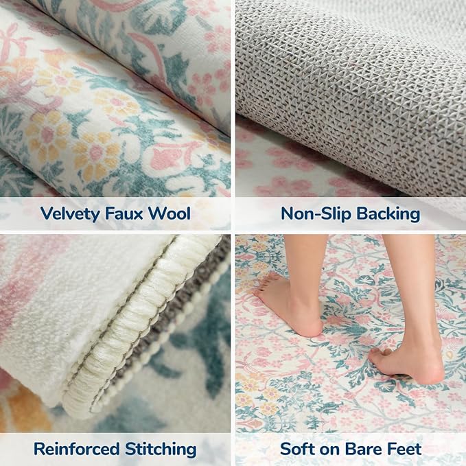 Lessymo Bedroom Rug 5x7 Area Rug for Living Room, Vintage Washable Floral Floor Mat Pink Rugs for Girls, Low Plie Non Skid Indoor Boho Forest Rugs for Nursery Dining Room, Pink Green