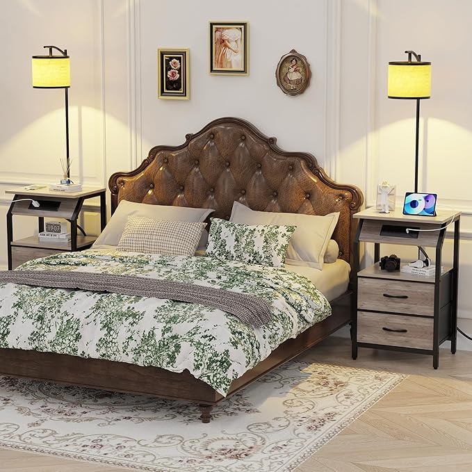 End Table with Floor Lamp, Nightstand with Charging Station, Floor Lamp Table with 3-Color Temperature Bulb, Bedside Table Night Stand with 2 Drawers for Bedroom, Living Room, Greige