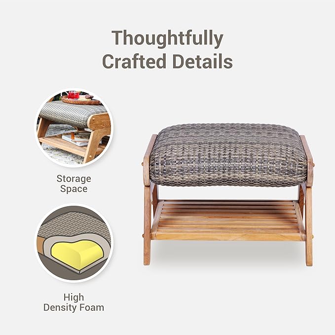 Cambridge Casual Auburn Teak Outdoor Ottoman, All Weather Padded Woven Seat