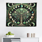 Ambesonne Green Tapestry, Moon Phases Around a Tree of Life Enhance Night Boho Astrology Design Print, Fabric Wall Hanging Decor for Bedroom Living Room Dorm, 28" X 23", Black Ecru and Blue