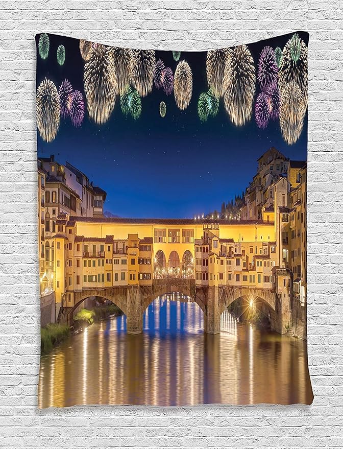 Ambesonne Landscape Tapestry, Night Panoramic View Vecchio Bridge Florence Italy Colorful Fireworks, Wall Hanging for Bedroom Living Room Dorm Decor, 40" X 60", Purple Yellow