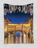 Ambesonne Landscape Tapestry, Night Panoramic View Vecchio Bridge Florence Italy Colorful Fireworks, Wall Hanging for Bedroom Living Room Dorm Decor, 40" X 60", Purple Yellow
