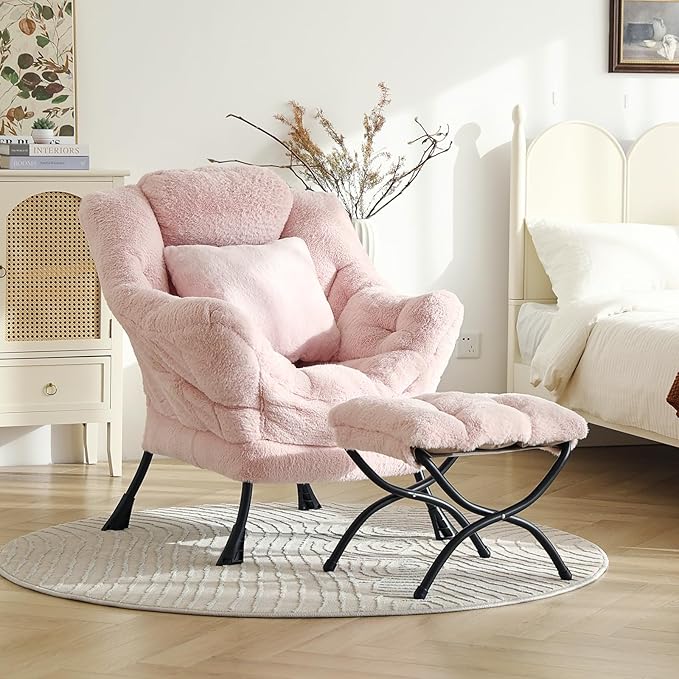 Lazy Chair with Ottoman, Large Pink Lounge Accent Chair with Ottoman and FA Throw Pillow, Comfy Plush Reading Chair for Living Room Bedroom Dorm Room Office Apartment Relaxing Use