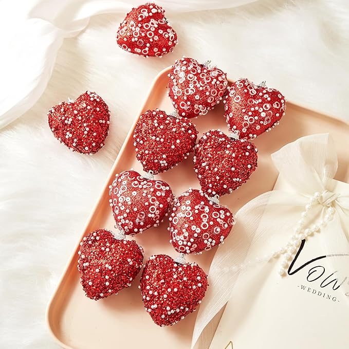Red Valentine's Day Heart Ornaments 10Pcs Glitter Sequin Heart Shaped Baubles Decoration Valentines Pearl Foam Hanging Decor(2.36in)