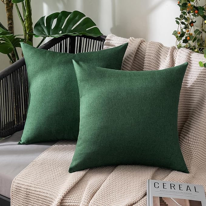 MIULEE Pack of 2 Decorative Outdoor Solid Waterproof Throw Pillow Covers Christmas Faux Linen Garden Farmhouse Cushion Cases for Patio Tent Balcony Couch Sofa 20x20 Inch Emerald Green