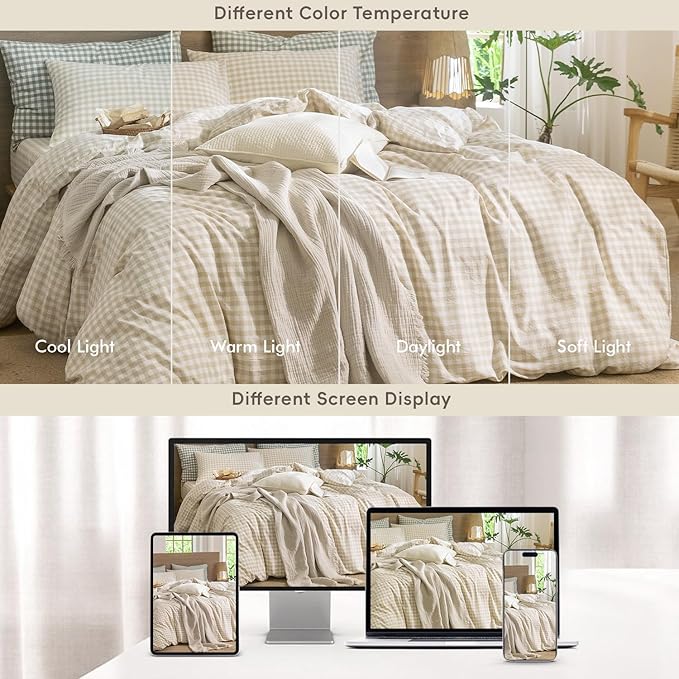 MooMee Gingham Duvet Cover Set 100% Washed Cotton Linen Like Textured Breathable Durable Soft Comfy Modern Checkered Design (Almond Milk Grey Gingham, Oversized Queen 98"x98")