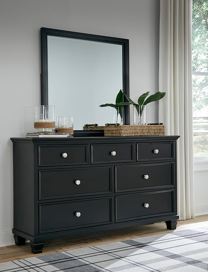 Signature Design by Ashley Lanolee Traditional Dresser with Framed Drawer Fronts and Tapered Feet, 7 Drawers, Satin Nickel Knobs, Wood, 36" High, Black