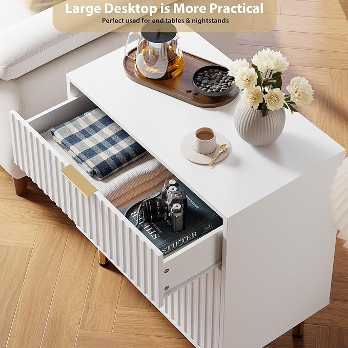 GarveeHome White 3 Drawer Dresser for Bedroom, Fluted Modern Nightstand with Deep Drawers, Chest of Drawers with Wide Top, Wooden Dresser Organizer, Side Table for Living Room, Hallway, Kids Room