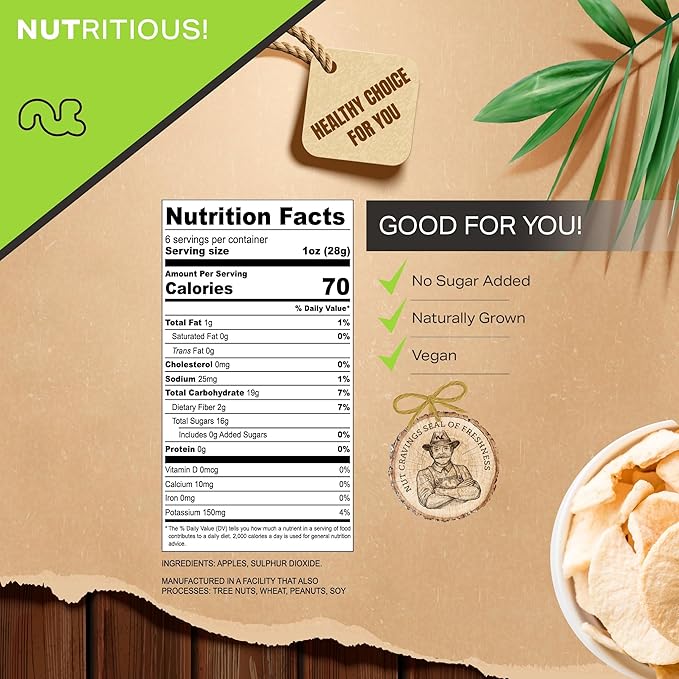 NUT CRAVINGS - Dried Apple Rings Slices, No Sugar Added - Chewy Soft Texture (6oz, 1 Pack) Tu Bishvat Favorite - Sweet Healthy Snack, Vegan, Kosher, Resealable Bag