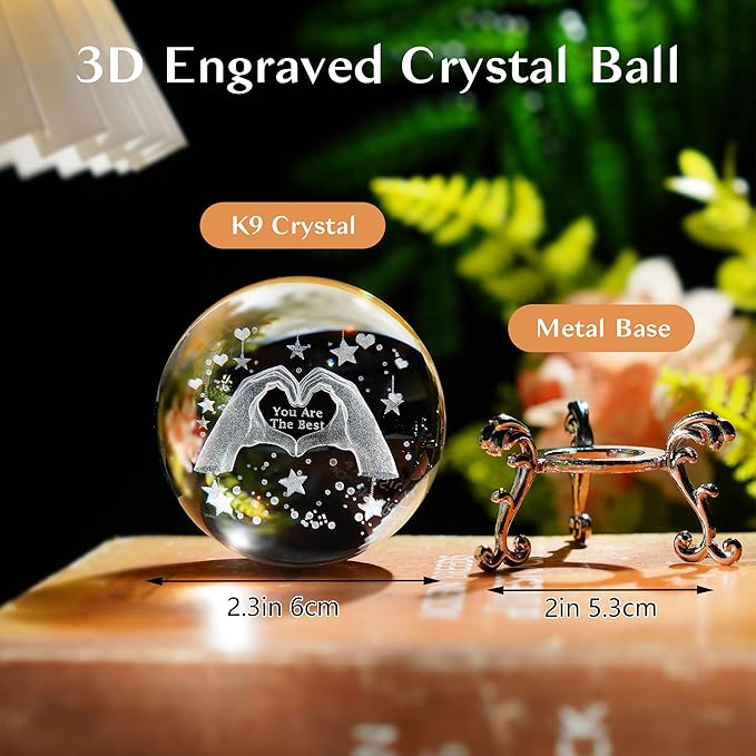 HDCRYSTALGIFTS 60mm 3D Laser Engraved Heart Hands Crystal Ball Paperweight Love Finger Valentines Figurines Gift for Women, Glass Decorative Ball Sphere for Shelf Living Room