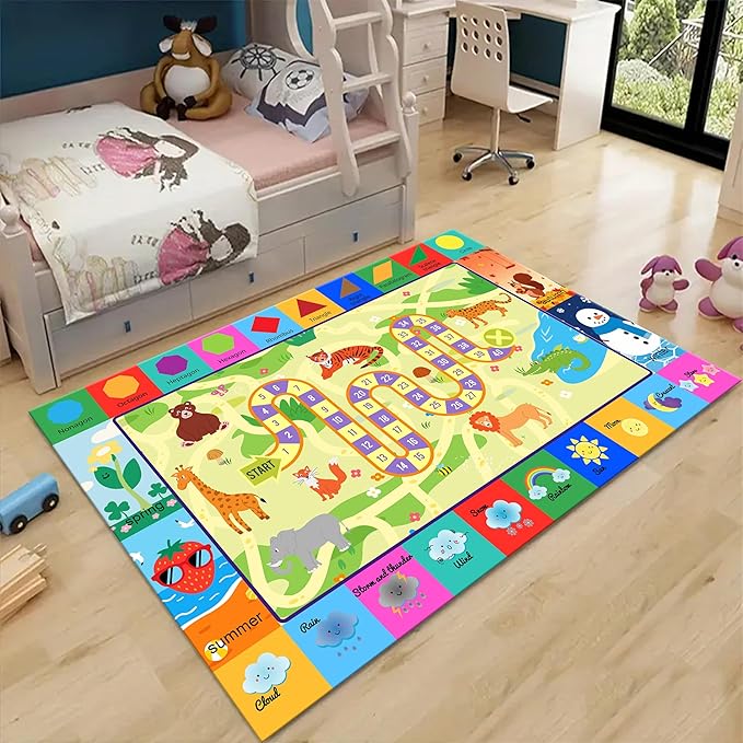 Educational Kids Rug 4x5ft - Alphabet, Numbers, Shapes & Seasons Learning Carpet, Washable Non-Slip Nursery & Classroom Mat for Playrooms, Durable Multi-Design Play Mat